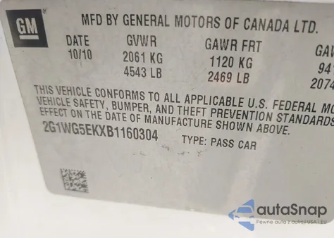 2011 Chevrolet Impala Lt z USA, uszkodzony, nr VIN 2G1WG5EKXB1160304